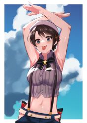 Rule 34 | 1girl, armpits, arms up, belt, beret, black bow, black bowtie, blue eyes, blue sky, bow, bowtie, breasts, brown hair, clothing cutout, cloud, cloudy sky, commentary request, cropped shirt, day, eyelashes, gold trim, hair ornament, hat, hololive, large breasts, looking at viewer, medium hair, midriff, navel, official alternate costume, oozora subaru, oozora subaru (work), outdoors, parted bangs, shadow, shiny skin, shirt, sidelocks, skirt, sky, sleeveless, sleeveless shirt, solo, striped clothes, striped shirt, suspender skirt, suspenders, swept bangs, thigh cutout, tongue, tongue out, uzuradobin, vertical-striped clothes, vertical-striped shirt, virtual youtuber, white belt