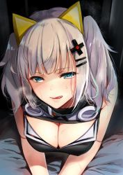 Rule 34 | 1girl, bed sheet, bent over, blue eyes, blush, breasts, cleavage, cleavage cutout, clothing cutout, dress, hair ornament, half-closed eyes, heavy breathing, highres, indoors, kaguya luna, large breasts, licking lips, looking at viewer, naughty face, obi, on bed, sash, silver hair, sleeveless, sleeveless dress, smile, solo, sweatdrop, the moon studio, tongue, tongue out, twintails, umakuchi shouyu, virtual youtuber