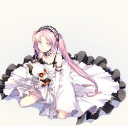 Rule 34 | 1girl, arm strap, asterios (fate), character doll, choker, collarbone, dress, echo (circa), euryale (fate), fate/grand order, fate (series), floating hair, full body, grey background, hairband, kneeling, lolita hairband, long dress, long hair, looking at viewer, parted bangs, pink eyes, pink hair, simple background, sleeveless, sleeveless dress, smile, solo, thighlet, twintails, very long hair, white sleeves