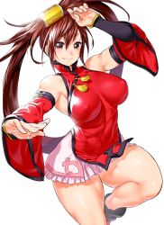Rule 34 | 1girl, bare shoulders, blush, breasts, brown eyes, brown hair, china dress, chinese clothes, closed mouth, covered erect nipples, dress, fighting stance, fingernails, frills, guilty gear, hair ornament, hair tubes, hands up, kuradoberi jam, large breasts, leg up, long hair, looking at viewer, miniskirt, onsoku inu, shiny skin, sidelocks, simple background, skirt, sleeveless, smile, solo, thighs, very long hair, wide sleeves