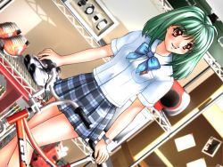 Rule 34 | 1girl, ahoge, bicycle, blue bow, blush, bow, brown eyes, cherry boy innocent girl, collared shirt, dutch angle, game cg, green hair, indoors, joy ride, libido, long hair, looking to the side, miniskirt, parted lips, plaid, plaid skirt, pleated skirt, school uniform, shirt, short sleeves, skirt, smile, white shirt