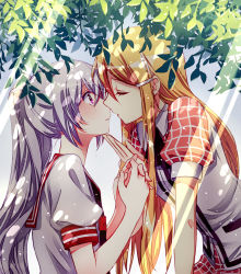 Rule 34 | 10s, 2girls, akuma no riddle, banba mahiru, blonde hair, checkered clothes, checkered dress, dappled sunlight, dress, closed eyes, grey hair, hair ornament, hairclip, hairpin, hanabusa sumireko, hand on another&#039;s chin, highres, imminent kiss, long hair, multiple girls, mylovelydevil, necktie, open mouth, orange hair, own hands clasped, own hands together, parted lips, ponytail, purple eyes, school uniform, serafuku, sunlight, tears, tree, vest, yuri