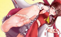 Rule 34 | 1girl, akabashi yuusuke, armpits, bad id, bad twitter id, barefoot, between fingers, blush, breasts, brown hair, card, card between fingers, confused, feet, foot focus, foreshortening, from below, gradient background, hakurei reimu, half-closed eye, holding, holding card, long hair, long sleeves, looking at viewer, looking down, medium breasts, open mouth, red eyes, sideboob, soles, solo, toes, touhou, yellow background, yellow neckwear