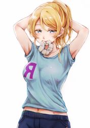 Rule 34 | 10s, 1girl, adjusting hair, armpits, arms up, ayase eli, blonde hair, blue eyes, collarbone, half-closed eyes, hands in hair, highres, lilylion26, love live!, love live! school idol festival, love live! school idol project, midriff peek, mouth hold, navel, print shirt, scrunchie, shirt, simple background, solo, t-shirt, tying hair, white background
