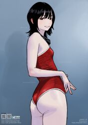 Rule 34 | 1girl, absurdres, ass, bare shoulders, black eyes, black hair, breasts, grin, highres, hiramedousa, long hair, one-piece swimsuit, original, red one-piece swimsuit, school swimsuit, small breasts, smile, solo, swimsuit