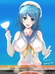 Rule 34 | 10s, :d, blue eyes, blue hair, breasts, double bun, elbow gloves, food, gloves, hair bun, hat, highres, kantai collection, large breasts, neckerchief, omelet, open mouth, sailor hat, school uniform, serafuku, sleeves rolled up, smile, solo, spatula, steam, tyanbaku, urakaze (kancolle), white hat, yellow neckerchief