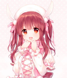 Rule 34 | 1girl, :d, animal ears, bad id, bad pixiv id, blush, breasts, brown background, commentary, hair between eyes, hair ribbon, hands up, hat, idolmaster, idolmaster cinderella girls, idolmaster cinderella girls starlight stage, jacket, layered sleeves, long hair, long sleeves, looking at viewer, medium breasts, ogata chieri, open mouth, pf, pink ribbon, polka dot, polka dot background, pom pom (clothes), puffy short sleeves, puffy sleeves, rabbit ears, red eyes, red hair, ribbon, short over long sleeves, short sleeves, sidelocks, smile, solo, twintails, upper body, white hat, white jacket
