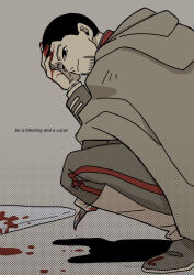 Rule 34 | 1boy, black eyes, blood, blood on hands, bloody weapon, buzz cut, closed mouth, facial hair, from side, goatee, golden kamuy, grey background, grey footwear, grey jacket, grey pants, halftone, hand on own head, highres, holding, holding knife, hood, hood down, hooded jacket, jacket, knife, long sleeves, looking at viewer, male focus, ogata hyakunosuke, pants, pool of blood, shadow, shoes, short hair, simple background, smile, solid eyes, solo, squatting, tege (tege xxx), very short hair, weapon