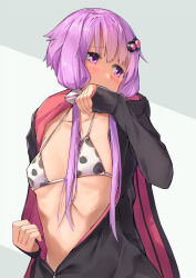 Rule 34 | 1girl, animal print, bikini, black hoodie, blush, breasts, clothes pull, covering own mouth, cow print, cow print bikini, hair ornament, highres, hood, hood down, hoodie, kanzen bouon, long sleeves, looking to the side, open clothes, open hoodie, print bikini, purple eyes, purple hair, red hoodie, short hair with long locks, simple background, small breasts, solo, swimsuit, swimsuit under clothes, upper body, voiceroid, yuzuki yukari