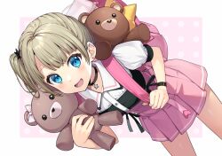 Rule 34 | 1girl, backpack, bag, black scrunchie, blonde hair, blue eyes, bon (bonbon315), bow, buttons, child, collared shirt, commentary request, earrings, fang, heart, heart print, holding, holding stuffed toy, jewelry, leaning forward, looking at viewer, necklace, open mouth, original, pink skirt, pleated skirt, ribbon, scrunchie, shirt, side ponytail, single earring, skirt, smile, solo, star (symbol), star necklace, stud earrings, stuffed animal, stuffed toy, teddy bear