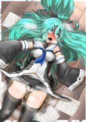 Rule 34 | 10s, 1girl, aftersex, ahegao, aqua hair, bare shoulders, blue eyes, blush, breasts, crying, crying with eyes open, green hair, hair ribbon, heavy breathing, highres, huffing, kantai collection, konoshige (ryuun), large breasts, long hair, lying, military, military uniform, on back, open mouth, panties, pee, peeing, peeing self, ponytail, ribbon, solo, sweat, tears, thighhighs, underwear, uniform, yamakaze (kancolle)