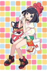 Rule 34 | 1girl, animal ears, bag, black hair, blue eyes, blush, burger, cat ears, chicken nuggets, commentary request, creatures (company), cup, disposable cup, eating, food, french fries, game freak, gen 7 pokemon, hat, litten, mcdonald&#039;s, mitsuya bonjin, napkin, nintendo, pokemon, pokemon (creature), pokemon sm, selene (pokemon), shirt, short hair, shorts, sweatdrop, tail, tied shirt, tongue, tongue out