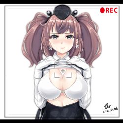 Rule 34 | 1girl, anchor hair ornament, atlanta (kancolle), bikini, bikini under clothes, black hat, breasts, brown hair, clothes lift, dated, dress shirt, earrings, garrison cap, gloves, grey eyes, hair ornament, hands on own chest, hat, jewelry, kantai collection, large breasts, long hair, long sleeves, looking at viewer, recording, shirt, shirt lift, signature, simple background, solo, star (symbol), star earrings, swimsuit, swimsuit under clothes, tk8d32, two side up, upper body, viewfinder, white background, white bikini, white gloves, white shirt