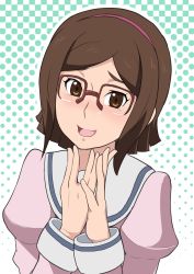 Rule 34 | 10s, 1girl, blush, brown eyes, brown hair, glasses, gundam, gundam build fighters, hairband, highres, kamishakujii (poppenheim), kousaka china, looking at viewer, matching hair/eyes, open mouth, own hands together, pink hairband, puffy sleeves, red-framed eyewear, short hair, simple background, smile, solo, standing, swept bangs, upper body