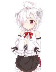 Rule 34 | 1girl, adjusting clothes, apron, azur lane, bolt, bow, bowtie, breasts, cleavage, commentary request, detached sleeves, hair over one eye, looking at viewer, meuneyu, red eyes, short hair, simple background, sleeves past wrists, solo, sweat, terror (azur lane), white background, white hair