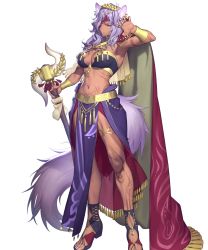Rule 34 | 1girl, animal ears, azusa (hws), bracelet, breasts, cane, cape, cleavage, dark-skinned female, dark skin, eyepatch, female focus, fingernails, fire emblem, fire emblem: radiant dawn, fire emblem heroes, full body, gold trim, green eyes, halterneck, hand up, highres, holding, holding staff, jewelry, long hair, medium breasts, midriff, nailah (fire emblem), navel, nintendo, non-web source, official alternate costume, official art, pelvic curtain, purple eyes, sandals, simple background, solo, staff, tail, tattoo, toeless footwear, toes, transparent background, white background, wolf ears, wolf girl, wolf tail