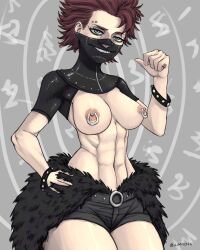 Rule 34 | 1girl, abs, absurdres, black clover, blue eyes, breasts, female focus, genderswap, genderswap (mtf), goth fashion, gothic, highres, large breasts, piercing, punk, red hair, sharp teeth, solo, teeth, thick thighs, thighs, zora ideale