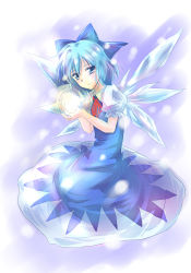 Rule 34 | bad id, bad pixiv id, blouse, blue eyes, blue hair, bow, cirno, collared shirt, dress, embodiment of scarlet devil, from side, hadi, hair bow, pinafore dress, purple background, shirt, short hair, sleeveless dress, solo, touhou, white shirt, wings