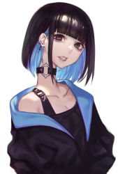 Rule 34 | 1girl, absurdres, black choker, black eyes, black hair, black jacket, black shirt, breasts, choker, cleavage, colored inner hair, doku-chan (dokkudokudoku), ear piercing, fang, highres, jacket, long neck, looking at viewer, multicolored hair, open clothes, open jacket, original, parted lips, piercing, shirt, short hair, simple background, small breasts, solo, teeth, two-tone hair, white background