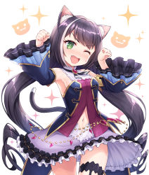 Rule 34 | 1girl, ;d, @ @, animal ear fluff, animal ears, bare shoulders, black hair, black sleeves, blush, breasts, cat ears, cat girl, cat tail, commentary request, detached sleeves, fang, frilled skirt, frills, hands up, head tilt, highres, karyl (princess connect!), long hair, long sleeves, looking at viewer, low twintails, multicolored hair, navel, nose blush, one eye closed, open mouth, princess connect!, purple skirt, shirt, simple background, skirt, sleeveless, sleeveless shirt, small breasts, smile, solo, sparkle, streaked hair, sweat, tail, tail raised, tomo (tmtm mf mf), twintails, v-shaped eyebrows, very long hair, white background, white hair, white shirt, wide sleeves