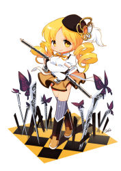 Rule 34 | 10s, 1girl, beret, blonde hair, boots, bug, butterfly, checkered floor, chibi, corset, detached sleeves, drill hair, dual wielding, fingerless gloves, floor, full body, gloves, grey thighhighs, gun, hair ornament, hairpin, hat, holding, insect, knee boots, long hair, magical girl, magical musket, mahou shoujo madoka magica, mahou shoujo madoka magica (anime), mao yu, pleated skirt, puffy sleeves, ribbon, rifle, shirt, signature, skirt, smile, solo, striped clothes, striped thighhighs, taut clothes, taut shirt, thighhighs, tomoe mami, twin drills, twintails, vertical-striped clothes, vertical-striped thighhighs, weapon, white background, yellow eyes, zettai ryouiki