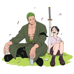 Rule 34 | 1boy, 1girl, age difference, black hair, closed mouth, crossed legs, earrings, full body, green hair, highres, japanese clothes, jewelry, katana, kuina, mush820823, one eye closed, one piece, open clothes, open mouth, open shirt, petals, roronoa zoro, scar, scar across eye, scar on chest, short hair, short sleeves, sitting, smile, sword, time paradox, weapon