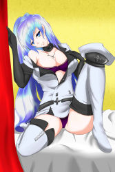 Rule 34 | 10s, 1girl, absurdres, akame ga kill!, aqua hair, blue eyes, blue theme, blush, boots, breasts, bustier, chain, choker, cleavage, dominatrix, drawfag, elbow gloves, esdeath, gloves, grin, hair over one eye, hat, highres, large breasts, leather, long hair, monochrome, navel, panties, parted lips, peaked cap, smile, solo, thigh boots, thighhighs, underwear, uniform, very long hair