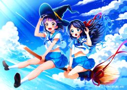 Rule 34 | 2girls, black hair, blue eyes, blue sky, blush, broom, broom ribbon, broom riding, check commentary, cloud, cloudy sky, commentary request, commission, day, flying, hat, highres, long hair, midriff, multiple girls, navel, nishida yuu, open mouth, original, outdoors, pleated skirt, purple hair, ribbon, school uniform, serafuku, skirt, sky, summer, witch, witch hat, yellow eyes