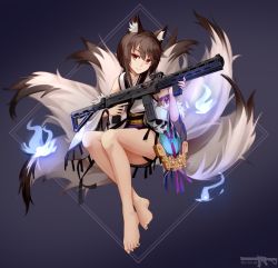 Rule 34 | 1girl, absurdres, animal ears, barefoot, blue fire, brown eyes, brown hair, detached sleeves, fire, fox ears, fox tail, full body, girls&#039; frontline, gun, highres, japanese clothes, legs together, magpule, multiple tails, official alternate costume, skull, smg, smile, solo, submachine gun, tail, type 79 (girls&#039; frontline), type 79 (nine-tail fox) (girls&#039; frontline), type 79 smg, vectorek, weapon, wolf ears, wolf tail