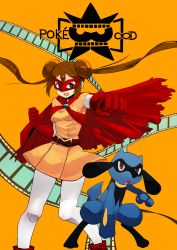 Rule 34 | 10s, 1girl, alternate costume, alternate eye color, belt, brooch, brown hair, cape, clenched hands, creatures (company), double bun, dress, film strip, foreshortening, game freak, gen 4 pokemon, gloves, green eyes, hair bun, highres, jewelry, long hair, looking at viewer, mask, nintendo, open mouth, orange background, orange dress, orange skirt, pantyhose, pokemon, pokemon (creature), pokemon bw2, pokestar studios, pokewood, red cape, red eyes, red gloves, riolu, rosa (pokemon), short dress, skirt, smile, superhero costume, the riolu girl, twintails, very long hair, white pantyhose, yokohachi