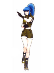 Rule 34 | 1990s (style), 1girl, blue hair, boots, earrings, fighting stance, gloves, jewelry, leona heidern, long hair, loose socks, midriff, military, mori toshiaki, official art, ponytail, retro artstyle, shorts, sleeves rolled up, snk, socks, solo, the king of fighters, the king of fighters &#039;98, vest