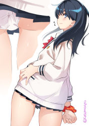 Rule 34 | 10s, 1girl, ass, black hair, black skirt, blue eyes, blush, breasts, closed mouth, commentary request, gridman universe, hand on own hip, long hair, long sleeves, looking at viewer, looking back, panties, pleated skirt, red neckwear, school uniform, scrunchie, simple background, skirt, solo, ssss.gridman, super zombie, sweater, takarada rikka, thighs, underwear, white background, white panties, white sweater, wrist scrunchie