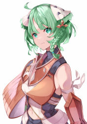 Rule 34 | 1other, absurdres, ahoge, androgynous, armor, braid, breasts, clothing cutout, green eyes, green hair, highres, juniper (xenoblade), navel, navel cutout, other focus, risumi (taka-fallcherryblossom), short hair, simple background, small breasts, solo, xenoblade chronicles (series), xenoblade chronicles 3