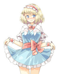 Rule 34 | 1girl, alice margatroid, arnest, blonde hair, blue dress, blue eyes, blush, bow, bowtie, capelet, collared shirt, dress, frilled dress, frills, hairband, highres, lolita hairband, looking at viewer, nose blush, puffy short sleeves, puffy sleeves, red bow, red neckwear, red sash, sash, shirt, short dress, short hair, short sleeves, skirt hold, smile, thighs, touhou, white background, white capelet, white shirt, wristband