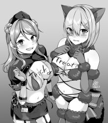 Rule 34 | 2girls, :d, absurdres, animal ears, bikini, bikini top only, blush, body writing, breasts, cleavage, cosplay, double bun, elbow gloves, embarrassed, fake animal ears, fate/grand order, fate (series), florence nightingale (fate), florence nightingale (trick or treatment) (fate), florence nightingale (trick or treatment) (fate) (cosplay), flying sweatdrops, fur-trimmed gloves, fur-trimmed legwear, fur collar, fur trim, garter straps, gloves, greyscale, hair between eyes, hair bun, hair ornament, hair over one eye, hairclip, hamakaze (kancolle), hands up, hat, highres, id card, kantai collection, large breasts, long hair, looking at viewer, mash kyrielight, mash kyrielight (dangerous beast), mash kyrielight (dangerous beast) (cosplay), miniskirt, monochrome, multiple girls, navel, nurse, nurse cap, open mouth, revealing clothes, rubber gloves, short hair, shrug (clothing), signature, simple background, skirt, smile, swimsuit, thighhighs, trick or treat, unoshima kanaka, urakaze (kancolle), wolf ears