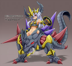 Rule 34 | 1girl, bare shoulders, character name, copyright name, crown, dragon, drooling, gauntlets, groin, highres, horns, karukan (monjya), lance, long hair, looking at viewer, monster girl, navel, no panties, open mouth, polearm, red eyes, shadow, sharp teeth, shield, shinrabanshou, silver hair, slit pupils, solo, spikes, tail, teeth, tiamatt, weapon
