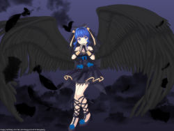 Rule 34 | 1girl, ankle lace-up, arin, bingsang, black wings, blue hair, breasts, cloud, cross-laced footwear, dress, feathers, female focus, flying, gloves, own hands clasped, long hair, outdoors, own hands together, pangya, purple eyes, shoes, sky, smile, solo, veil, wings