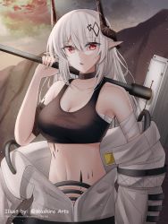 Rule 34 | 1girl, absurdres, arknights, bandaged arm, bandages, bare shoulders, black choker, breasts, choker, cleavage, collarbone, commentary, crop top, hammer, hand up, highres, holding, holding hammer, holding weapon, horns, large breasts, light particles, long hair, looking at viewer, mashiro arts, material growth, midriff, mudrock (arknights), mudrock (elite ii) (arknights), navel, oripathy lesion (arknights), outdoors, over shoulder, parted lips, pointy ears, red eyes, sarashi, solo, sports bra, stomach, upper body, weapon, weapon over shoulder, white hair