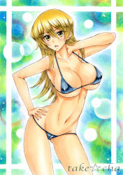 Rule 34 | 1girl, :o, armpits, artist name, bikini, blonde hair, blue bikini, blush, breasts, cleavage, collarbone, contrapposto, hair between eyes, hand on own hip, hand on neck, large breasts, long hair, midriff, navel, open mouth, simple background, solo, standing, swimsuit, takecha, tenjouin asuka, traditional media, underboob, yellow eyes, yu-gi-oh!, yu-gi-oh! gx