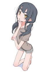 Rule 34 | 1girl, :o, akari (raigou), barefoot, black hair, blunt bangs, blush, brown shirt, finger to own chin, full body, grey shorts, head rest, kneeling, long hair, looking at viewer, notice lines, original, parted lips, pointy ears, raigou, shadow, shirt, short sleeves, shorts, simple background, solo, thick eyebrows, thinking, twintails, white background, yellow eyes