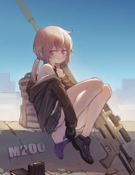 Rule 34 | 1girl, backpack, bad id, bad pixiv id, bag, bare shoulders, black footwear, black gloves, blush, bolt action, character name, cheytac m200, closed mouth, day, dianche miao (18826), dress, girls&#039; frontline, gloves, gun, highres, jacket, long hair, long sleeves, m200 (girls&#039; frontline), off shoulder, outdoors, pleated dress, ponytail, purple eyes, purple socks, removing legwear, rifle, shell casing, shoes, sitting, skirt, sky, sniper rifle, socks, solo, weapon