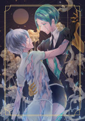 Rule 34 | 2others, absurdres, androgynous, antarcticite, broken, colored eyelashes, crack, closed eyes, flower, gem uniform (houseki no kuni), gloves, golden arms, green eyes, green hair, holding hands, hand on another&#039;s back, highres, houseki no kuni, meng, multiple others, necktie, phosphophyllite, shards, short hair, spoilers, torn clothes, white hair