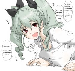 Rule 34 | 1girl, alternate costume, anchovy (girls und panzer), black ribbon, bra, bra peek, breast press, drill hair, elf (stroll in the woods), girls und panzer, green hair, hair between eyes, hair ribbon, hard-translated, looking at viewer, lying, on stomach, red eyes, ribbon, smile, solo, sweat, third-party edit, translated, twin drills, twintails, underwear