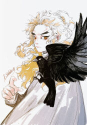 Rule 34 | 1boy, animal, artist name, bird, blonde hair, cape, colored inner hair, colored tips, crow, demon slayer uniform, f rabbit, floating hair, forked eyebrows, from side, half updo, hand up, highres, kimetsu no yaiba, landing, long hair, long sleeves, looking at animal, looking away, looking to the side, male focus, multicolored hair, partially colored, red hair, rengoku kyoujurou, simple background, streaked hair, traditional media, upper body