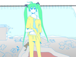 Rule 34 | 1girl, ataru (7noise), bad id, bad pixiv id, expressionless, flat color, green hair, hatsune miku, indoors, looking at viewer, messy, midriff, pajamas, room, solo, standing, twintails, vocaloid