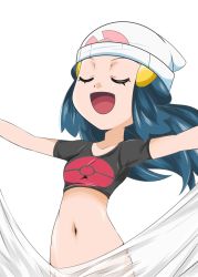 Rule 34 | 1girl, :d, alternate costume, beanie, blue hair, bottomless, breasts, creatures (company), dawn (pokemon), game freak, hainchu, hair ornament, hat, long hair, navel, nintendo, open mouth, out-of-frame censoring, pokemon, pokemon dppt, simple background, smile, solo, white background