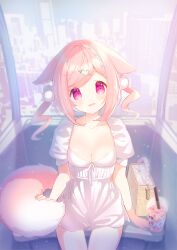 Rule 34 | 1girl, :d, amamiya aki, animal ears, bag, braid, breasts, building, cleavage, collarbone, commentary request, cup, day, disposable cup, dress, drinking straw, ferris wheel, ferris wheel interior, hair ornament, hairclip, handbag, head tilt, highres, looking at viewer, mofu-mofu after school, mofumofu channel, open mouth, p19, pink hair, puffy short sleeves, puffy sleeves, purple eyes, short sleeves, sitting, small breasts, smile, solo, swept bangs, tail, twintails, white dress