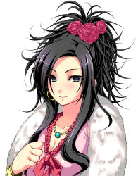 Rule 34 | 1girl, bad id, bad pixiv id, black hair, blue eyes, breasts, cleavage, deborah (dq5), dragon quest, dragon quest v, earrings, female focus, flower, hair flower, hair ornament, jewelry, long hair, medium breasts, necklace, ookami ryousuke, rose, simple background, smile, solo, white background