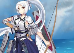 Rule 34 | 1girl, arrow (projectile), blue skirt, blue sky, bow (weapon), breasts, brown eyes, brown gloves, chinese commentary, closed mouth, collarbone, dress, gauntlets, gloves, hair ornament, hairclip, holding, holding arrow, holding bow (weapon), holding weapon, japanese clothes, kaga (warship girls r), long hair, looking at viewer, medium breasts, ocean, partially fingerless gloves, ponytail, sarashi, seydlitz art, sideboob, single gauntlet, single glove, skirt, sky, solo, standing, warship girls r, weapon, white dress, white hair