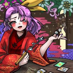 Rule 34 | 2girls, blush, card, highres, holding, holding smoking pipe, howhow notei, japanese clothes, kimono, kiseru, komakusa sannyo, long hair, looking at another, looking at viewer, money, multiple girls, nail polish, open mouth, purple hair, purple nails, red eyes, red kimono, red robe, ribbon, robe, smoking pipe, solo, solo focus, table, touhou, yellow ribbon, yorigami jo&#039;on
